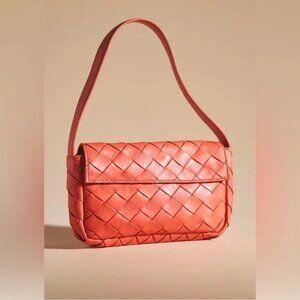 Anthropologie Woven Leather Shoulder Bag pumpkin orange small magnetic snap EUC